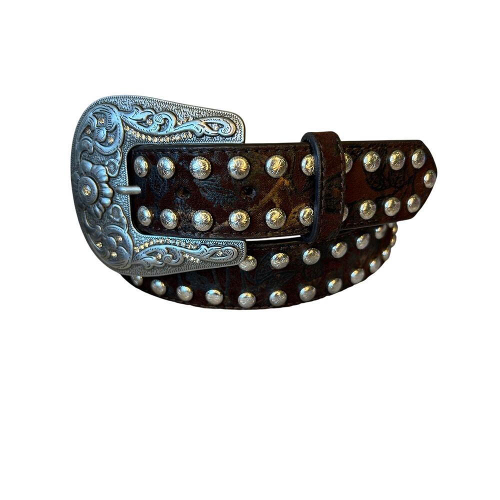 Nocona Belt Co Western Studded Belt Brown Silver Floral Buckle Size 38 1.5”